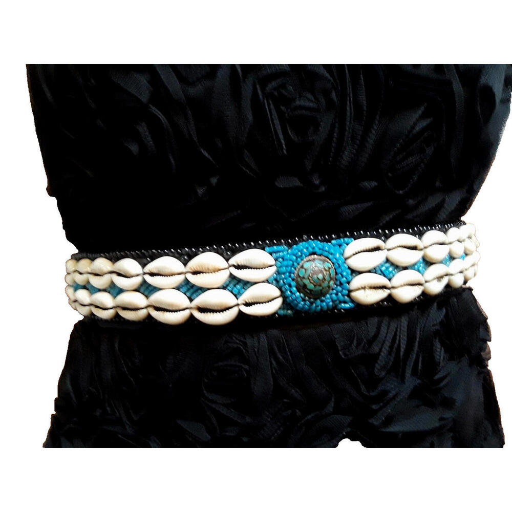 GIPSY Sea Shells Sash Belt CINCH WAIST Handmade Cowrie Turquoise Button Beaded M